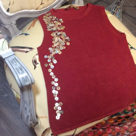 Vintage knit tank red pullover vest mother of pearl buttons Anthropologie style - Picture 2 of 8